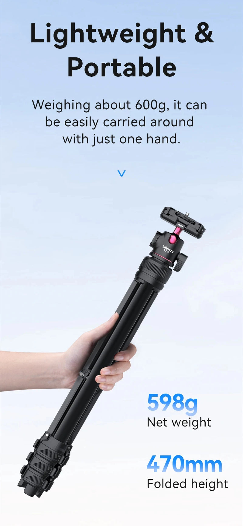 Ulanzi TT51 Tripé portátil para telefone, câmera digital compacta com rotação 360, braçadeira de telefone com cabeça esférica, tripé leve