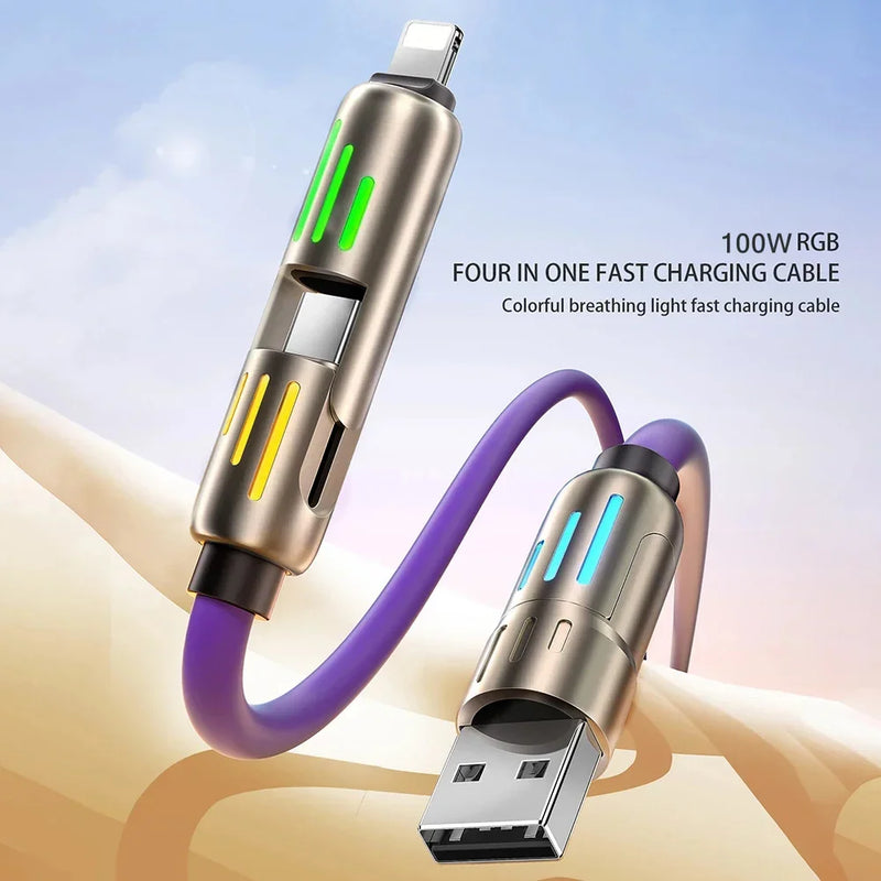 Cabo USB Tipo-C 4 em 1 de 100W – Carga Super Rápida com Silicone Líquido