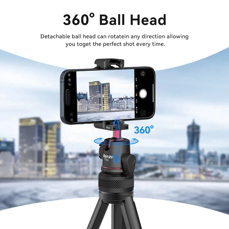 Ulanzi TT51 Tripé portátil para telefone, câmera digital compacta com rotação 360, braçadeira de telefone com cabeça esférica, tripé leve