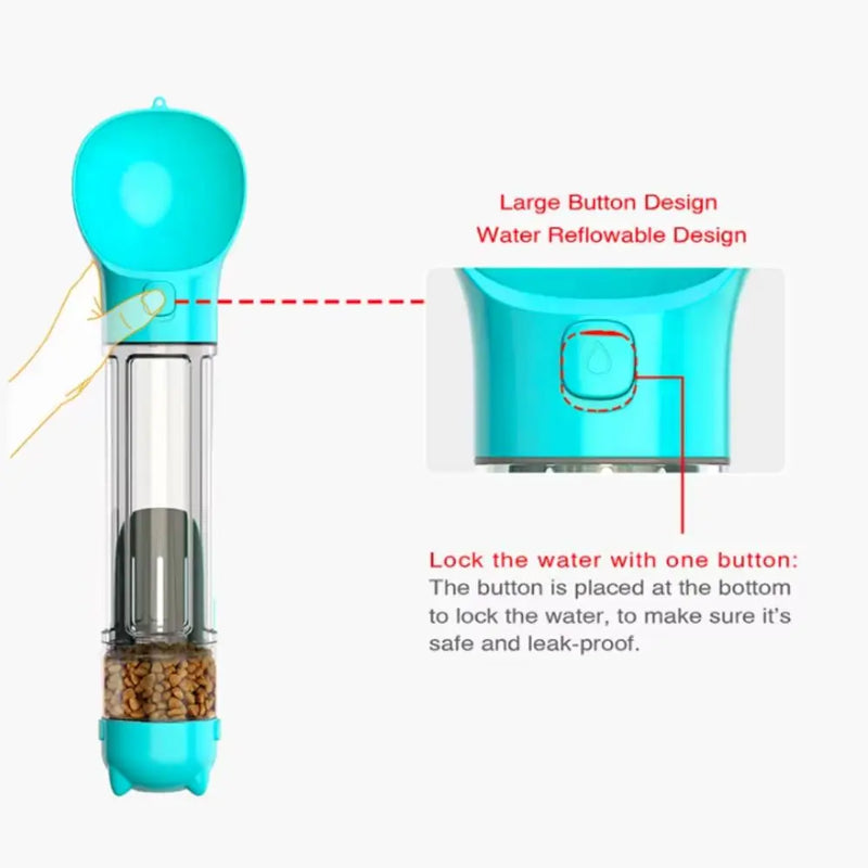 Garrafa 3 em 1 para Pets – Dispensador de Água e Comida com Pá e Saco de Lixo  300ml/500ml  Portátil e à Prova de Vazamento