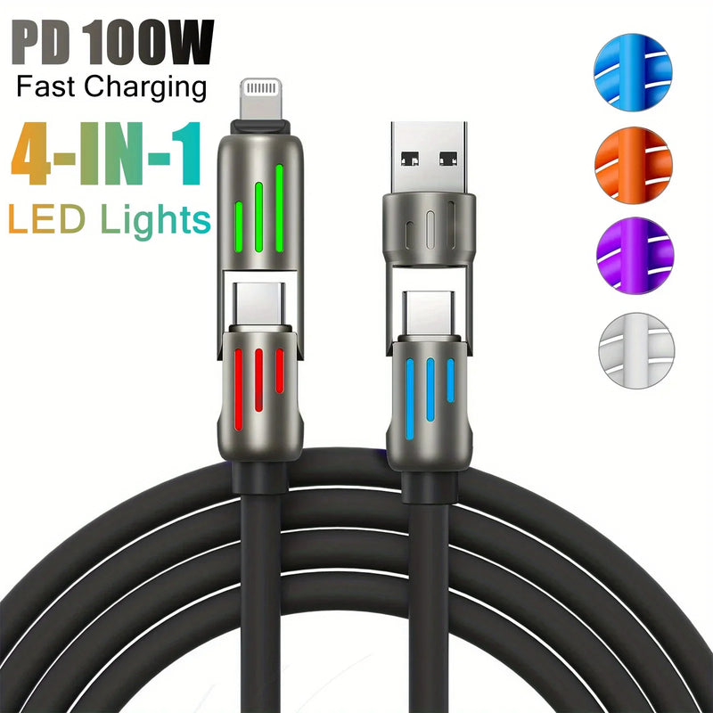 Cabo USB Tipo-C 4 em 1 de 100W – Carga Super Rápida com Silicone Líquido