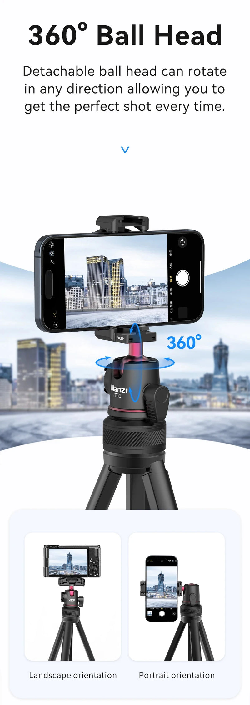 Ulanzi TT51 Tripé portátil para telefone, câmera digital compacta com rotação 360, braçadeira de telefone com cabeça esférica, tripé leve