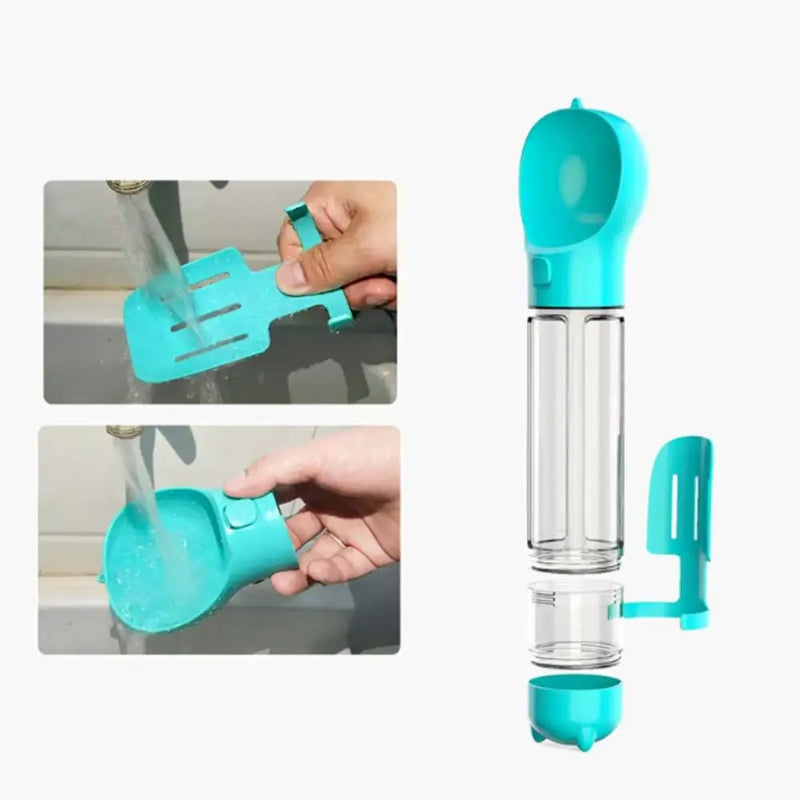 Garrafa 3 em 1 para Pets – Dispensador de Água e Comida com Pá e Saco de Lixo  300ml/500ml  Portátil e à Prova de Vazamento