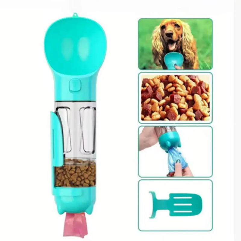 Garrafa 3 em 1 para Pets – Dispensador de Água e Comida com Pá e Saco de Lixo  300ml/500ml  Portátil e à Prova de Vazamento