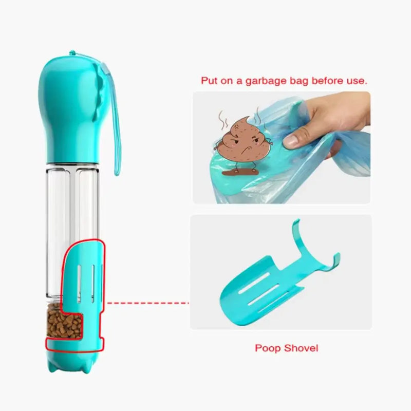 Garrafa 3 em 1 para Pets – Dispensador de Água e Comida com Pá e Saco de Lixo  300ml/500ml  Portátil e à Prova de Vazamento