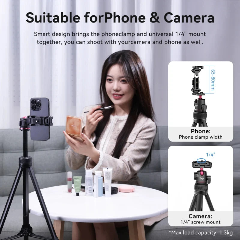 Ulanzi TT51 Tripé portátil para telefone, câmera digital compacta com rotação 360, braçadeira de telefone com cabeça esférica, tripé leve