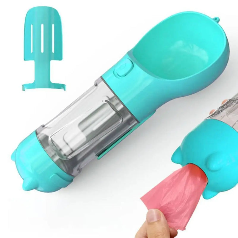 Garrafa 3 em 1 para Pets – Dispensador de Água e Comida com Pá e Saco de Lixo  300ml/500ml  Portátil e à Prova de Vazamento
