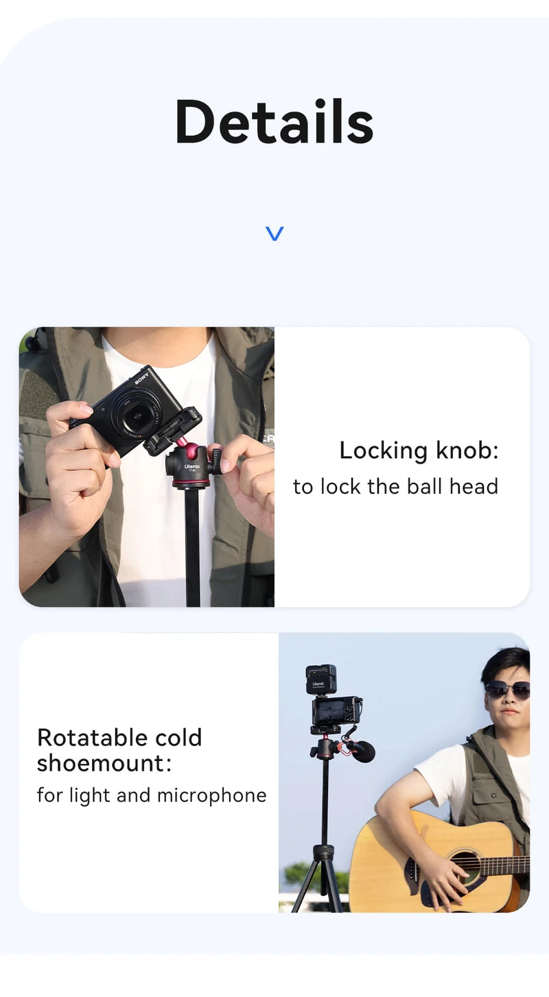 Ulanzi TT51 Tripé portátil para telefone, câmera digital compacta com rotação 360, braçadeira de telefone com cabeça esférica, tripé leve