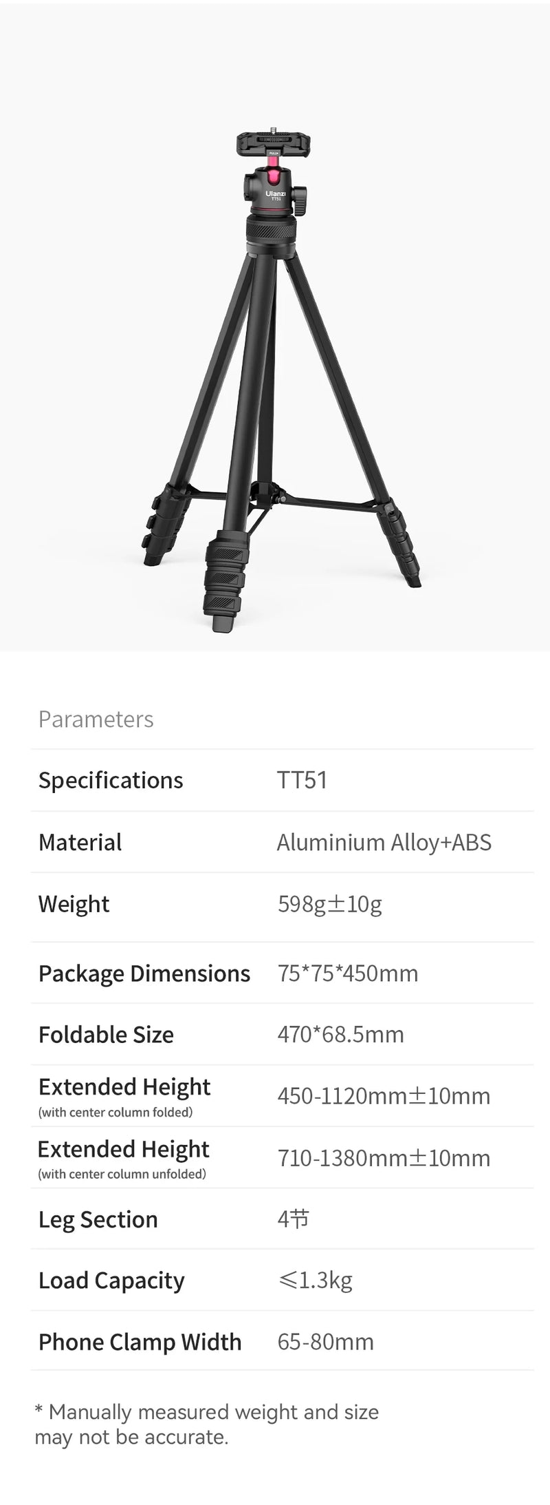 Ulanzi TT51 Tripé portátil para telefone, câmera digital compacta com rotação 360, braçadeira de telefone com cabeça esférica, tripé leve